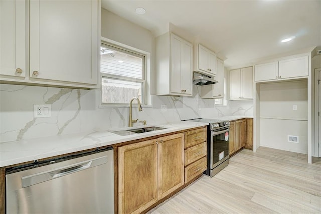 kitchen with white cabinets, appliances with stainless steel finishes, decorative backsplash, and sink