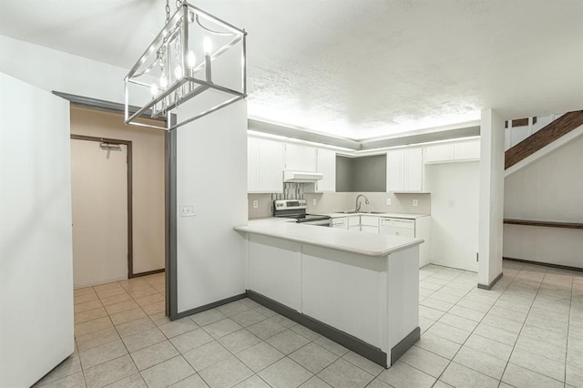 kitchen featuring sink, white cabinets, hanging light fixtures, kitchen peninsula, and stainless steel electric range