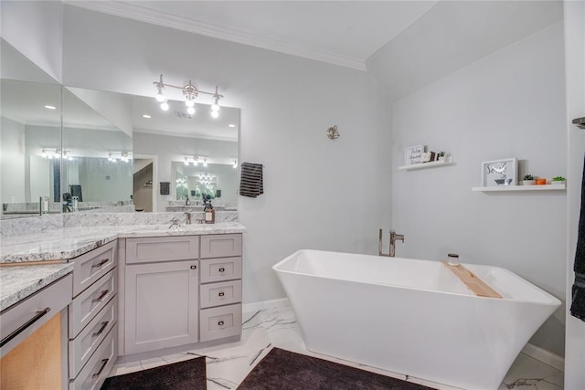 bathroom featuring a washtub, vanity, and ornamental molding