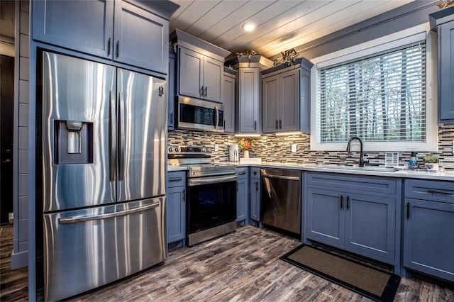 kitchen featuring appliances with stainless steel finishes, backsplash, dark hardwood / wood-style floors, and sink