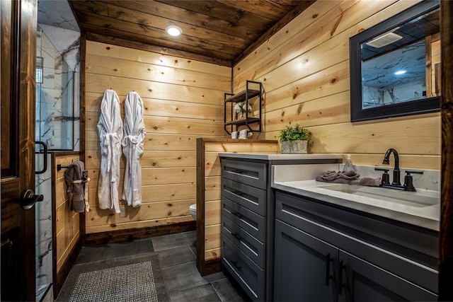 bathroom featuring wooden walls, toilet, and wooden ceiling