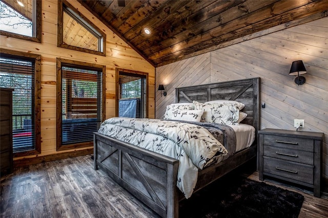 bedroom featuring multiple windows, wood walls, wooden ceiling, and dark hardwood / wood-style floors