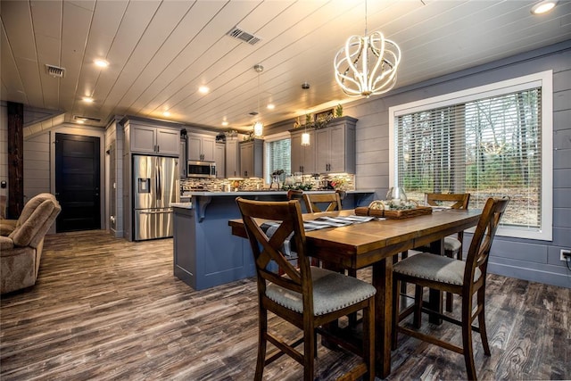 dining space with a chandelier, wood walls, dark wood-type flooring, and wood ceiling