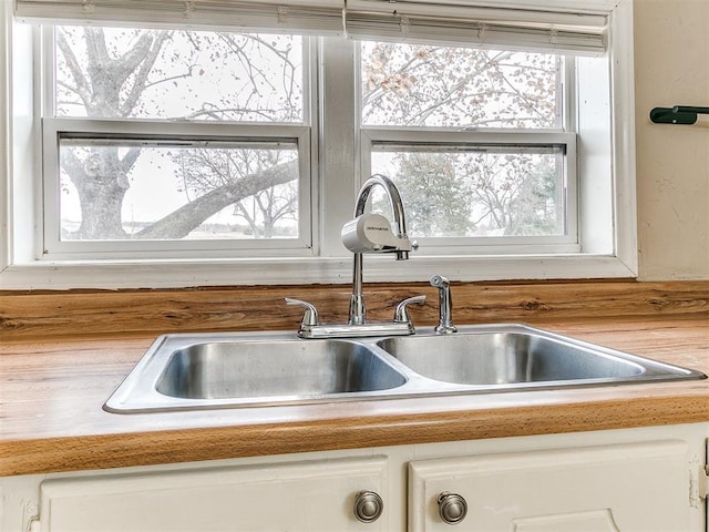 room details featuring sink and white cabinets