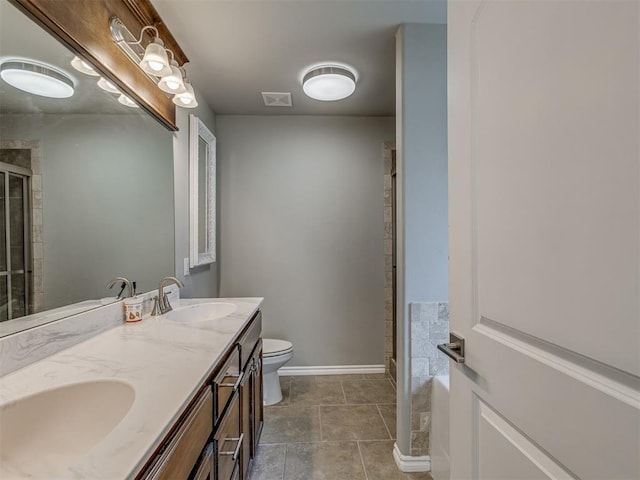 full bathroom featuring tile patterned flooring, vanity, toilet, and plus walk in shower