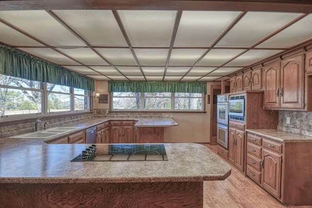 kitchen with kitchen peninsula, tasteful backsplash, stainless steel appliances, sink, and light hardwood / wood-style floors