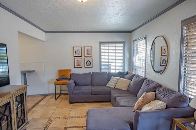 tiled living room with crown molding and a textured ceiling