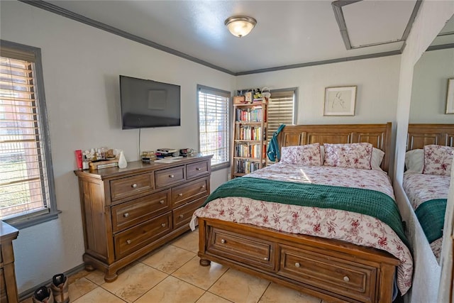 tiled bedroom featuring crown molding