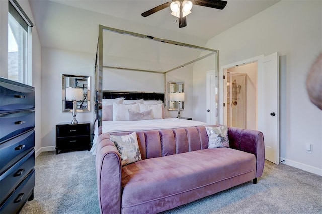 bedroom featuring ceiling fan and light carpet