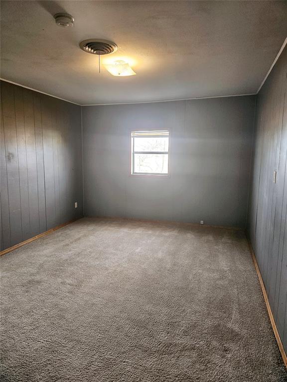 carpeted spare room featuring wooden walls