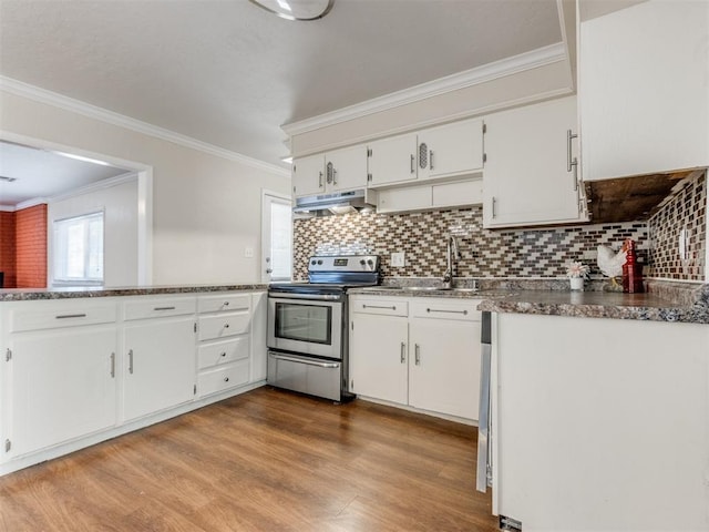 kitchen featuring stainless steel electric range, crown molding, light hardwood / wood-style flooring, tasteful backsplash, and white cabinetry