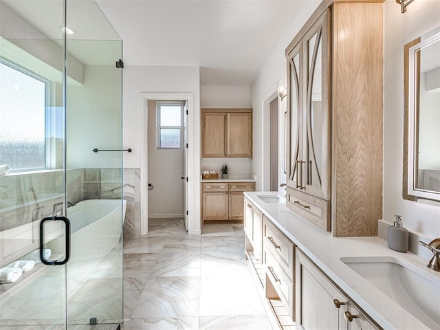 bathroom with vanity and plus walk in shower