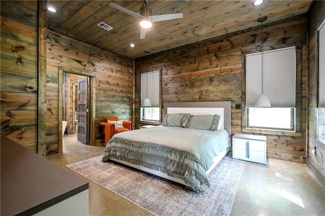 bedroom featuring ceiling fan, wooden ceiling, wooden walls, and multiple windows