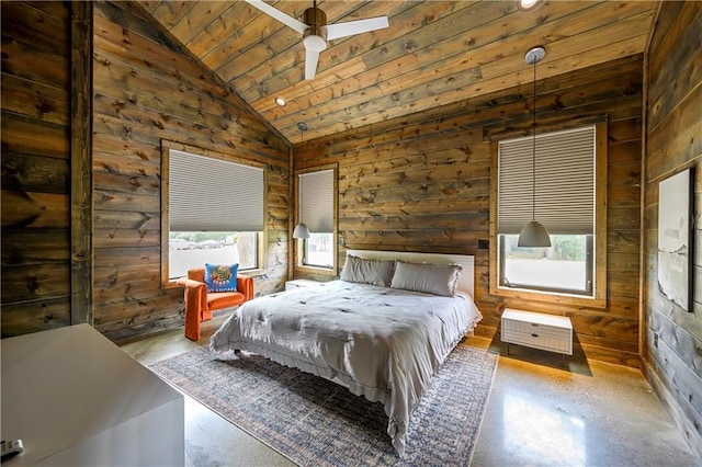 bedroom featuring concrete flooring, multiple windows, ceiling fan, and wooden ceiling