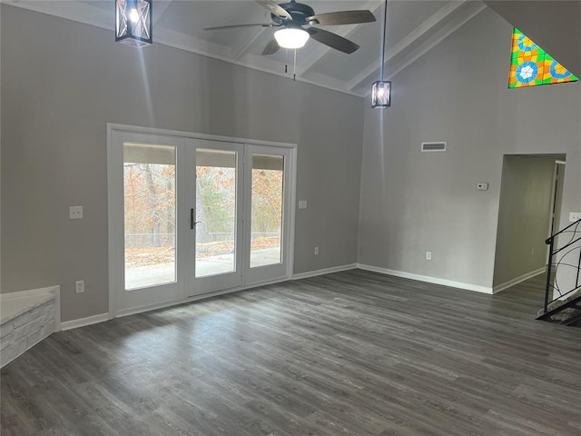 unfurnished living room featuring ceiling fan, beamed ceiling, high vaulted ceiling, and dark hardwood / wood-style floors