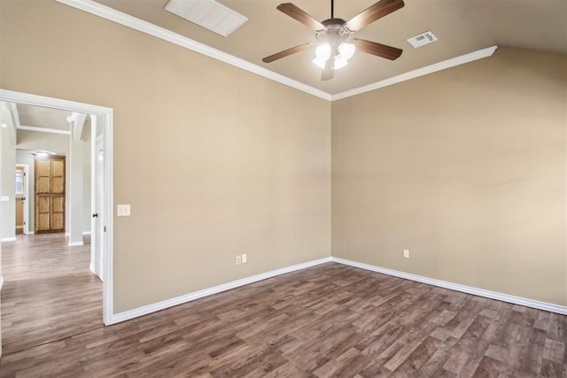 spare room with crown molding, hardwood / wood-style floors, and ceiling fan