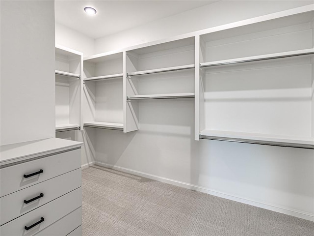 walk in closet featuring light colored carpet