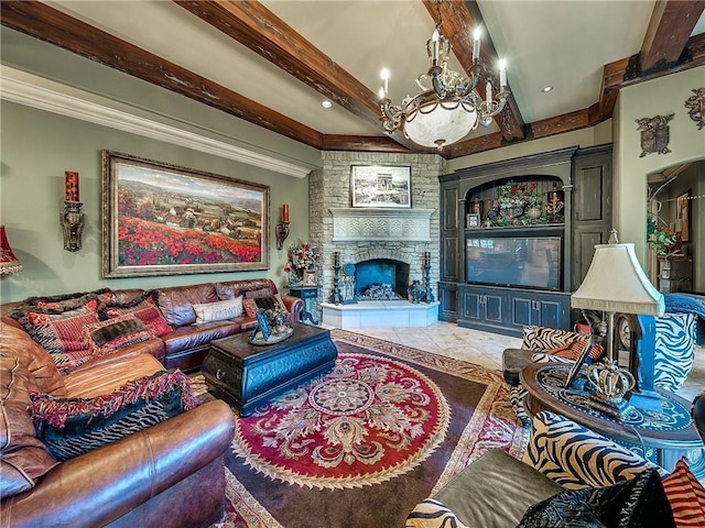 living room featuring beam ceiling, an inviting chandelier, and a stone fireplace