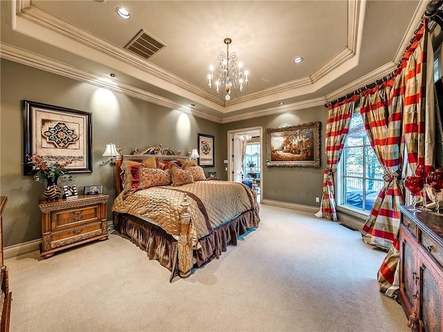 carpeted bedroom featuring a tray ceiling, access to exterior, a chandelier, and ornamental molding