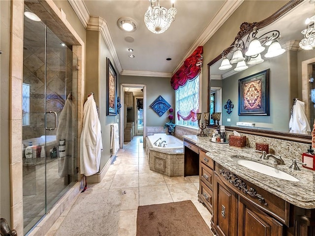 bathroom featuring vanity, tile patterned flooring, separate shower and tub, ornamental molding, and a chandelier