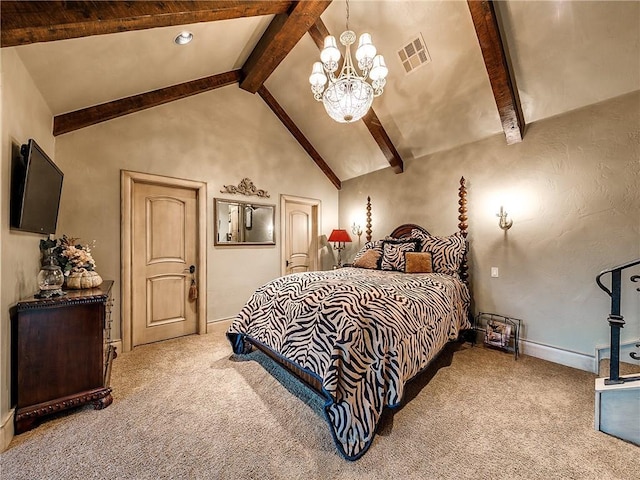 bedroom featuring light carpet, beam ceiling, a chandelier, and high vaulted ceiling