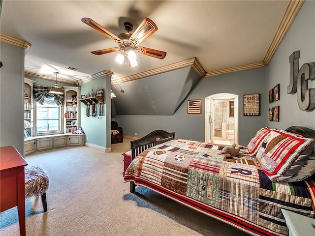 bedroom with connected bathroom, ceiling fan, vaulted ceiling, light carpet, and ornamental molding