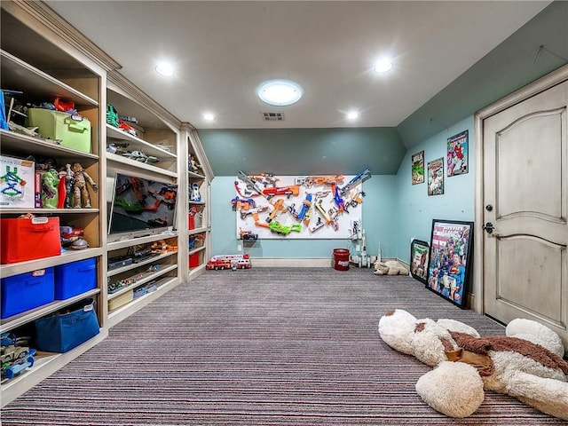 game room featuring carpet and lofted ceiling