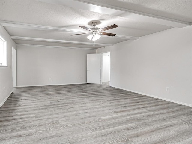 unfurnished room featuring beam ceiling, ceiling fan, light hardwood / wood-style floors, and a textured ceiling