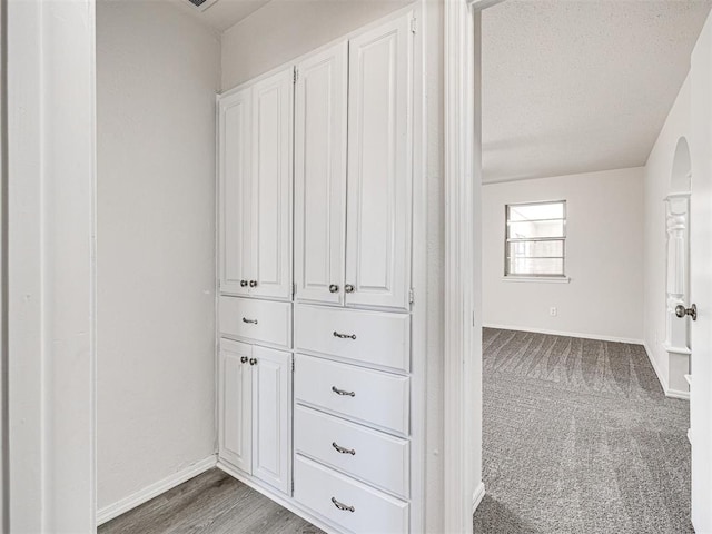 hall featuring carpet flooring and a textured ceiling