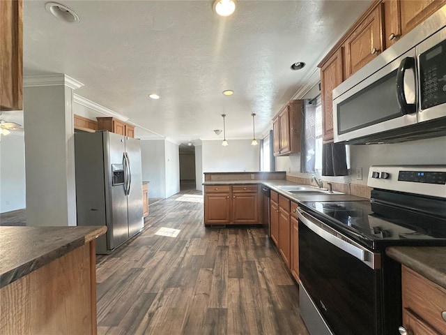 kitchen with sink, stainless steel appliances, dark hardwood / wood-style flooring, decorative light fixtures, and ornamental molding