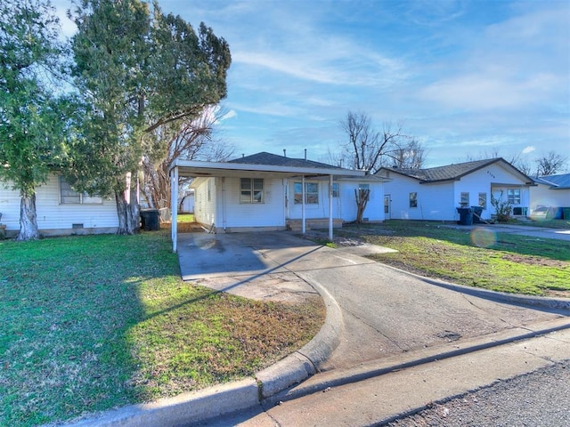 ranch-style house with a carport and a front lawn