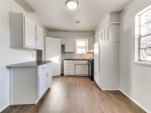 kitchen featuring black stove, backsplash, sink, white cabinets, and hardwood / wood-style floors