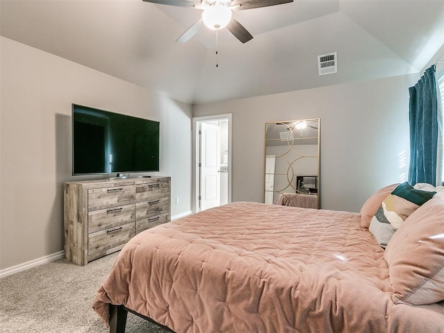 carpeted bedroom featuring ceiling fan and lofted ceiling