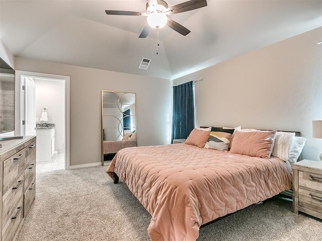 carpeted bedroom with ceiling fan and lofted ceiling