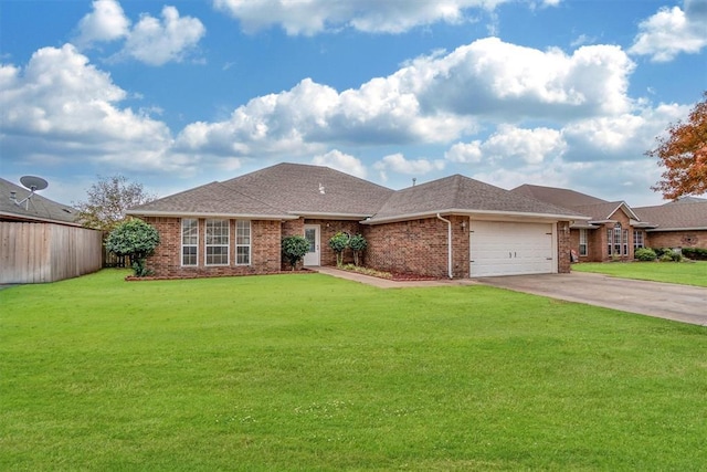 single story home featuring a front yard and a garage