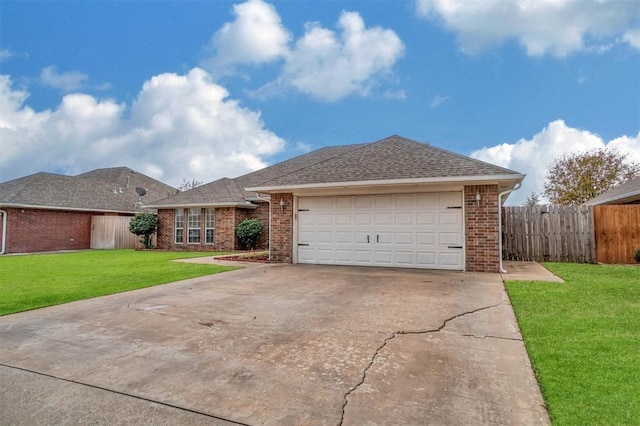 ranch-style house with a garage and a front yard