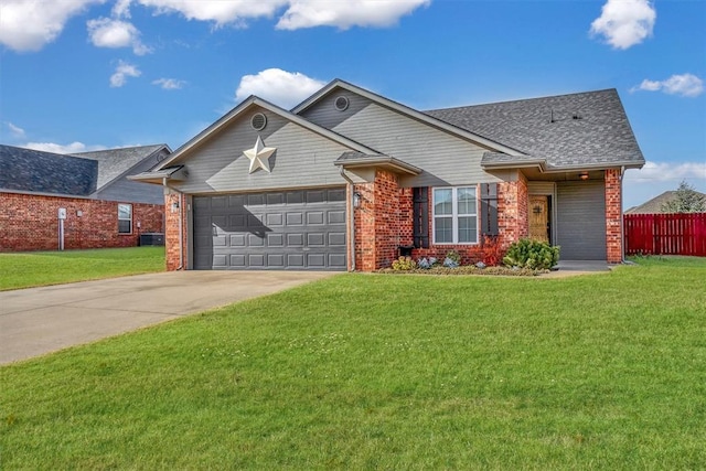 ranch-style house with a front yard and a garage