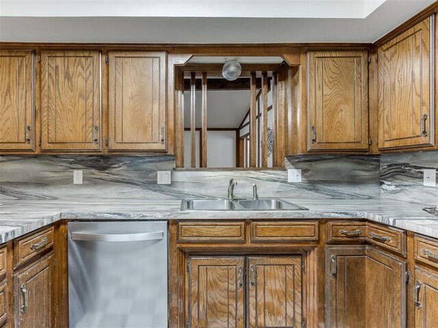 kitchen with decorative backsplash, stainless steel dishwasher, and sink