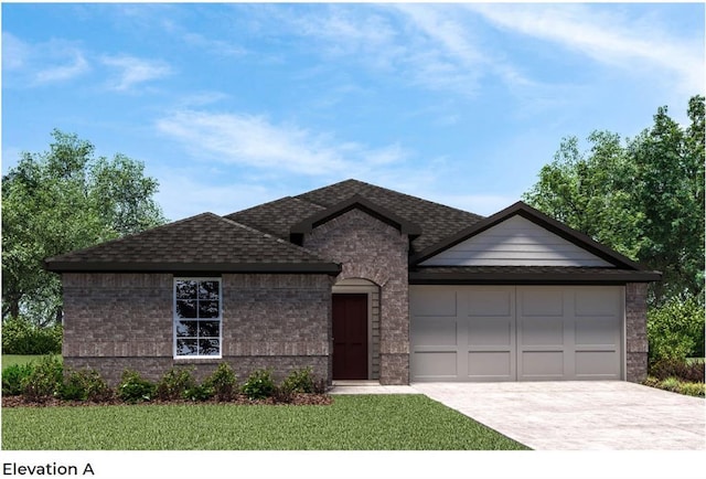 view of front of property with driveway, a shingled roof, an attached garage, and brick siding