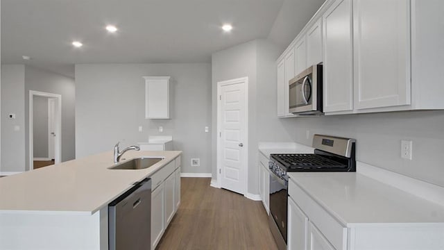 kitchen with appliances with stainless steel finishes, white cabinetry, a sink, and an island with sink