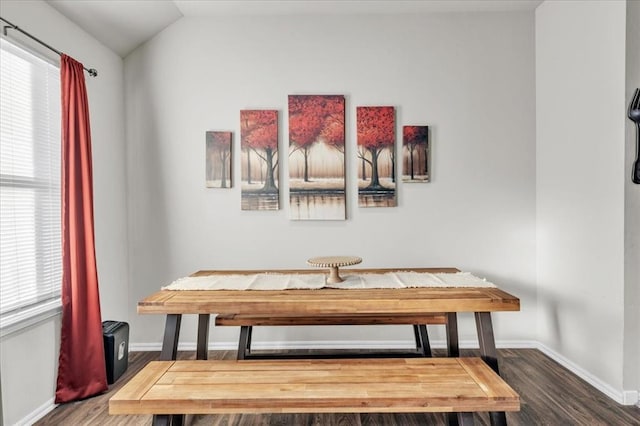 dining space featuring dark hardwood / wood-style flooring and lofted ceiling