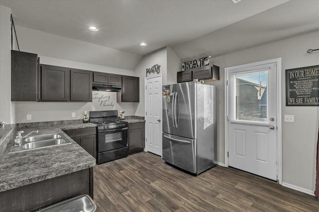 kitchen featuring stainless steel fridge, sink, dark hardwood / wood-style flooring, and black range with gas cooktop