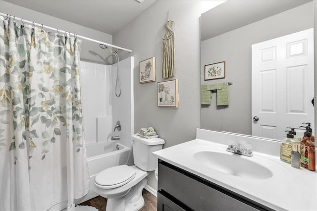 full bathroom featuring shower / bath combo, vanity, toilet, and hardwood / wood-style floors