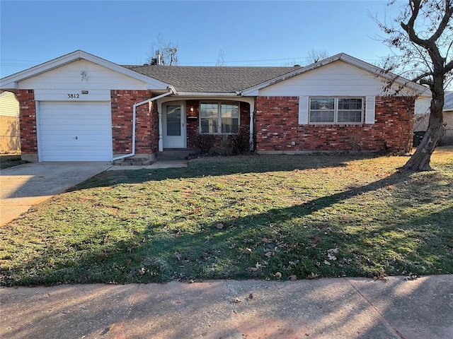 ranch-style house featuring a garage and a front yard