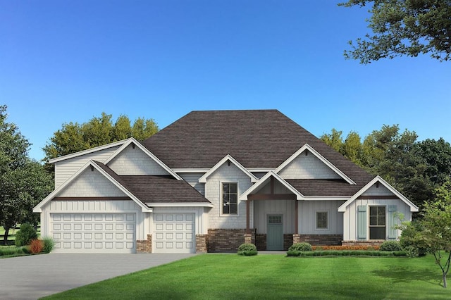 craftsman inspired home featuring a front yard and a garage