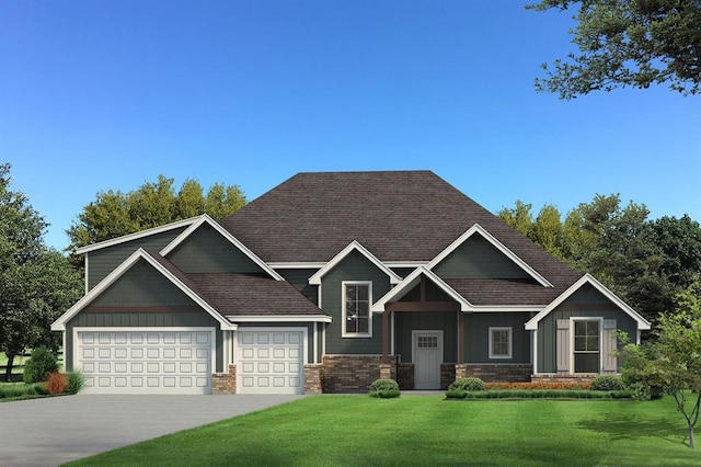 craftsman house featuring a front lawn and a garage