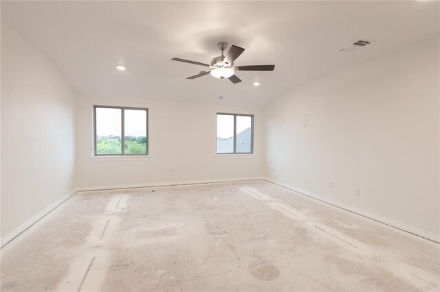 9509 Tule Pl, Edmond, OK 73025 - empty room featuring lofted ceiling, visible vents, recessed lighting, a ceiling fan, and baseboards