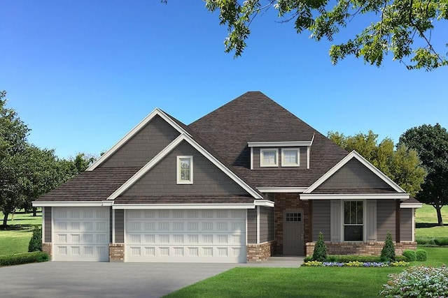 craftsman inspired home with a garage and a front lawn