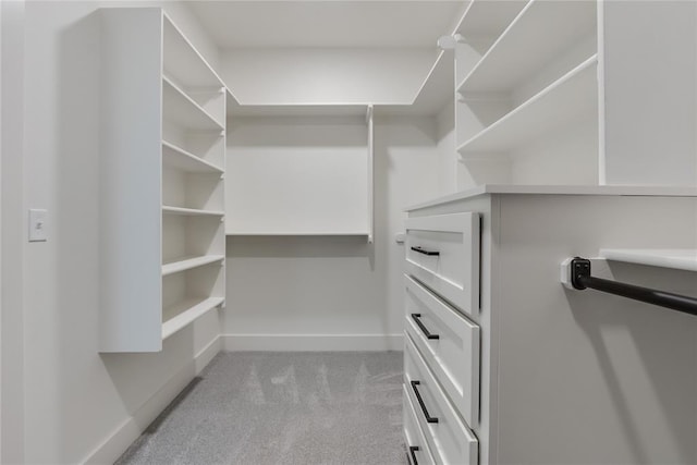 walk in closet with light colored carpet