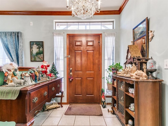 entryway featuring light tile patterned floors, crown molding, and a chandelier